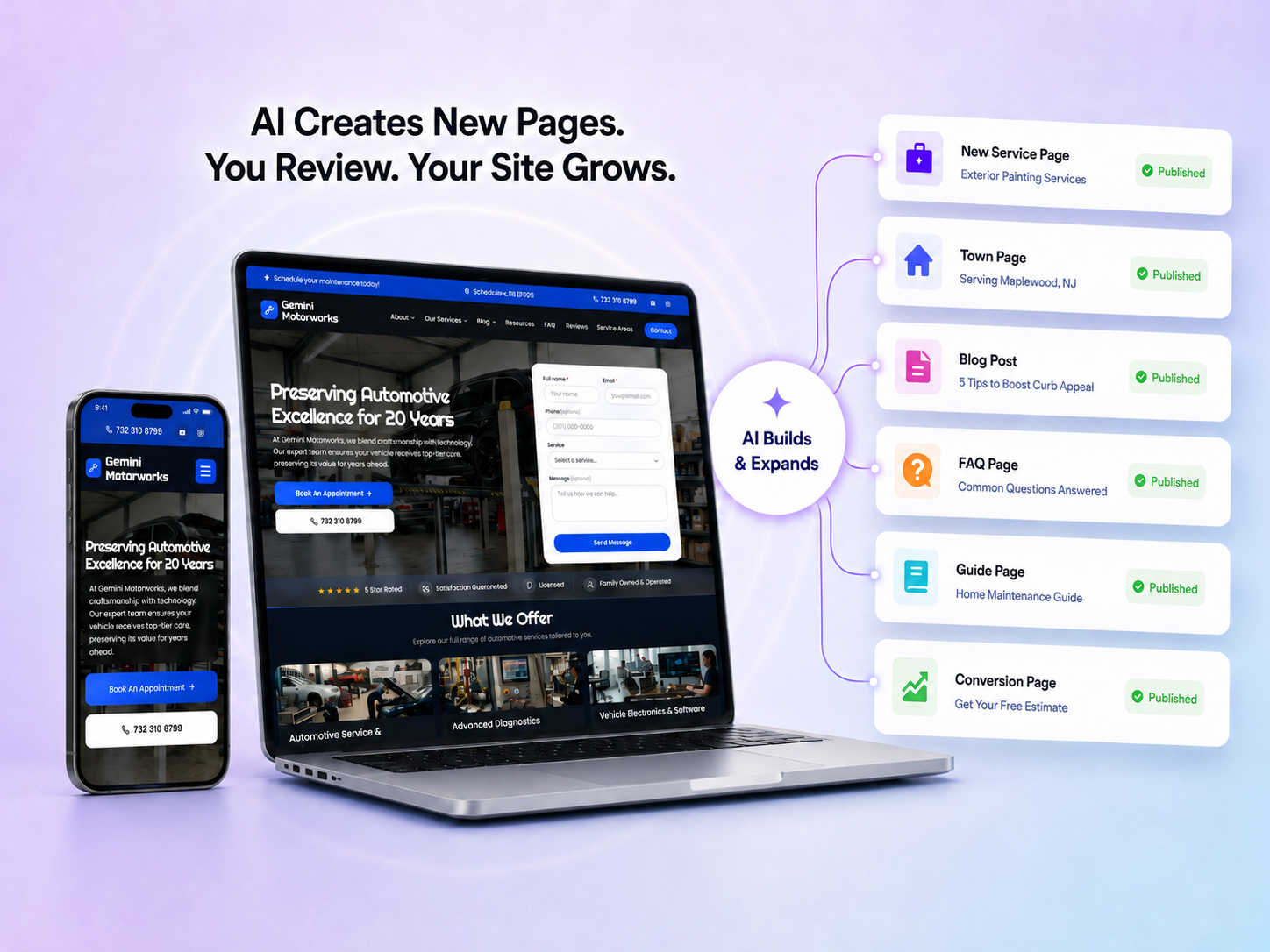 AI Creates New Pages, You Review, Your Site Grows — a local service website with AI-published service, town, blog, FAQ, guide, and conversion pages